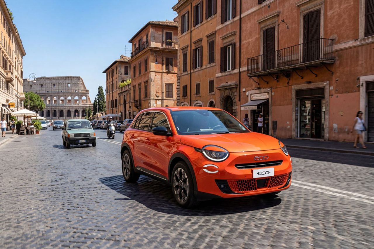 coche fiat circulando por las calles de roma, de fond el coliseo